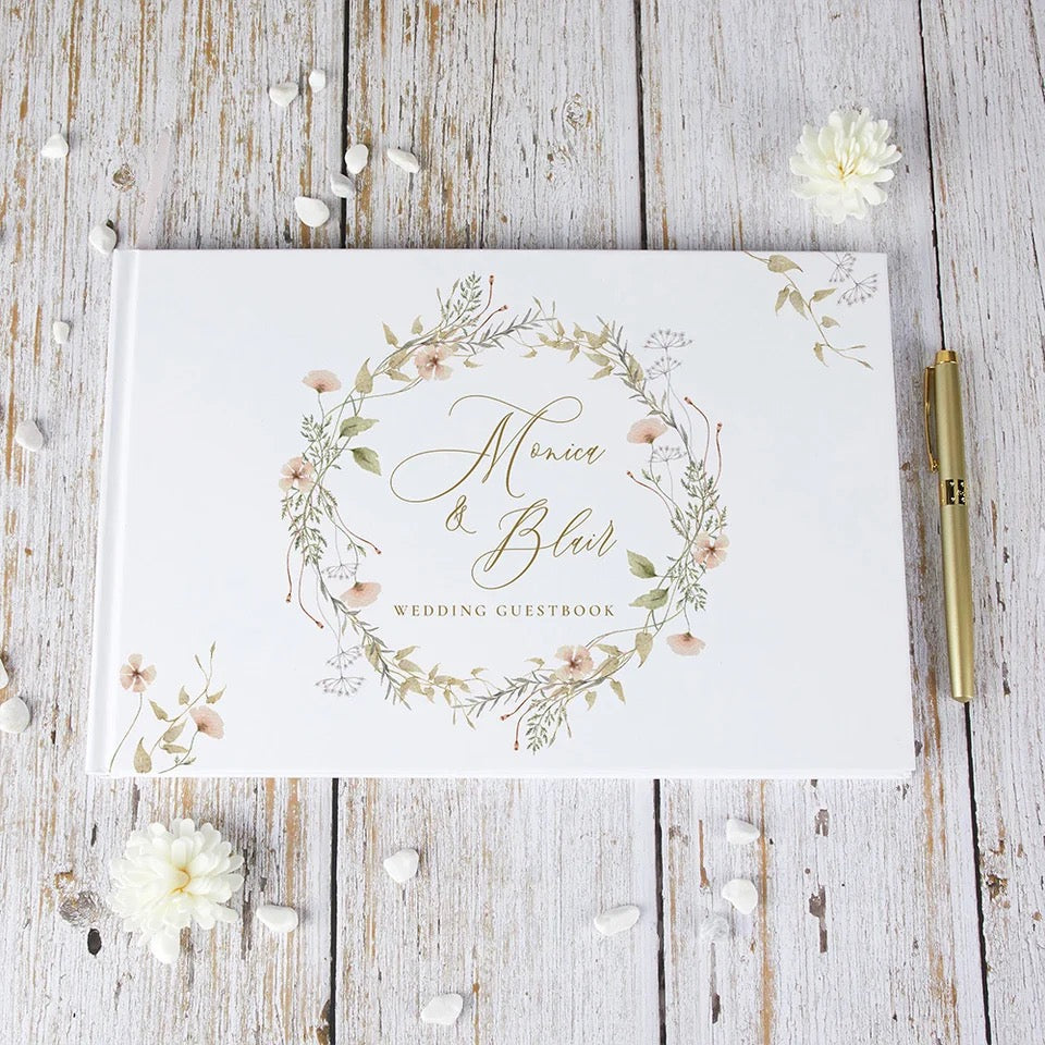 Personalized White Wedding Guest Book with Floral Design