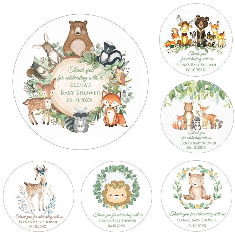 Personalized Woodland Animal Baby Shower Stickers - 108 pcs