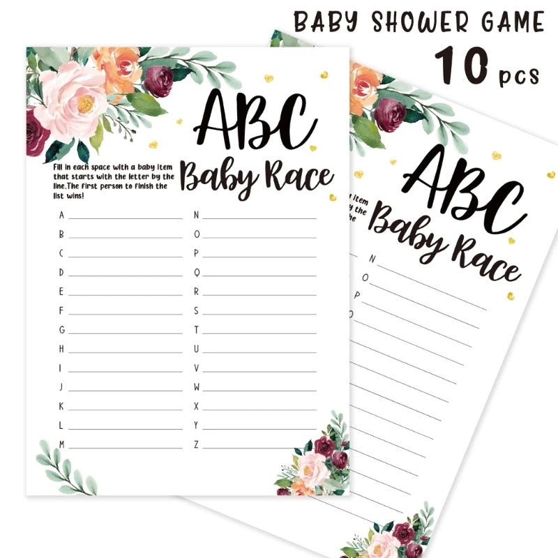 Floral ABC Race Baby Shower Game Cards - Pack of 10