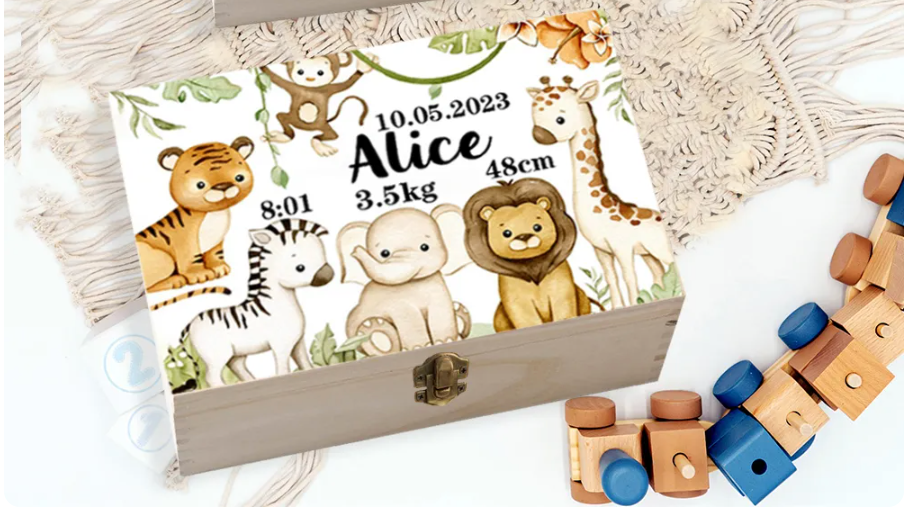 Personalized Safari Animal Wooden Baby Memory Box