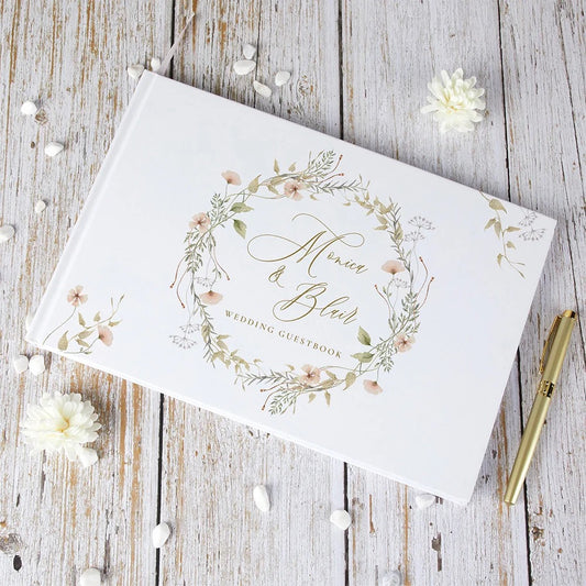 Personalized White Wedding Guest Book with Floral Design