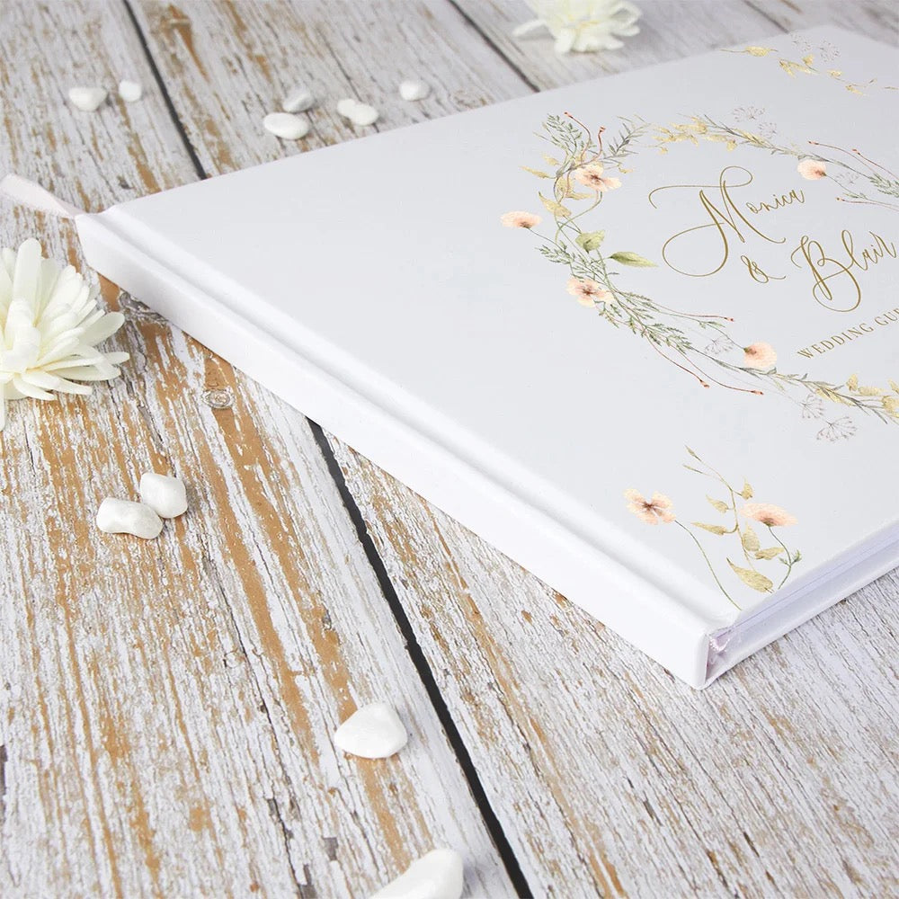 Personalized White Wedding Guest Book with Floral Design