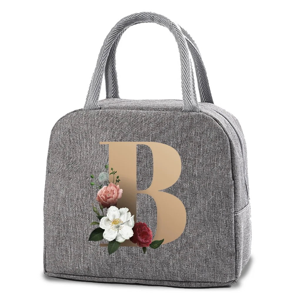 Grey Thermal Lunch Dinner Bag with Gold Floral Letter Design