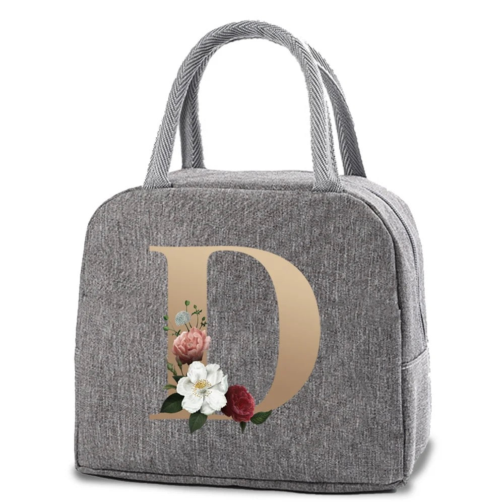 Grey Thermal Lunch Dinner Bag with Gold Floral Letter Design