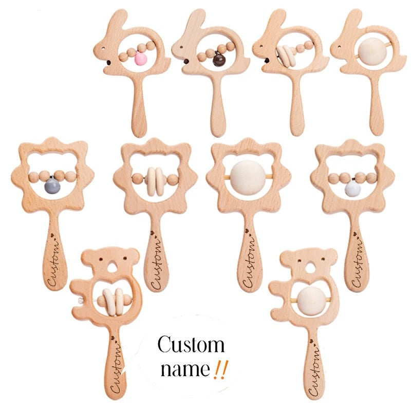 Personalized Wooden Rattle - Collection of Animal Designs